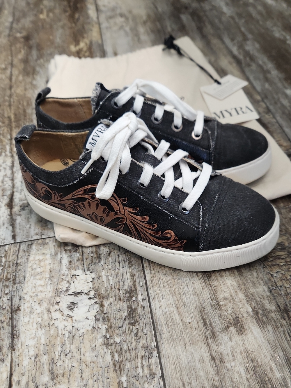 Myra Vintaged Black Handtooled Sneakers Size 7